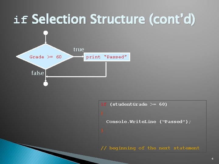 if Selection Structure (cont’d) true Grade >= 60 print “Passed” false if (student. Grade if Selection Structure (cont’d) true Grade >= 60 print “Passed” false if (student. Grade