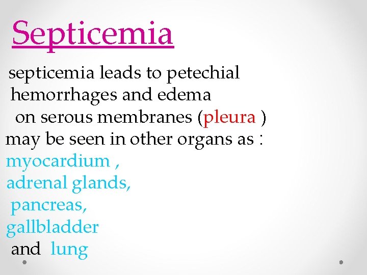 Septicemia septicemia leads to petechial hemorrhages and edema on serous membranes (pleura ) may