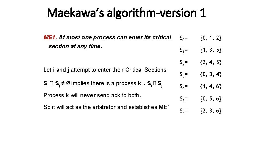 Maekawa’s algorithm-version 1 ME 1. At most one process can enter its critical section