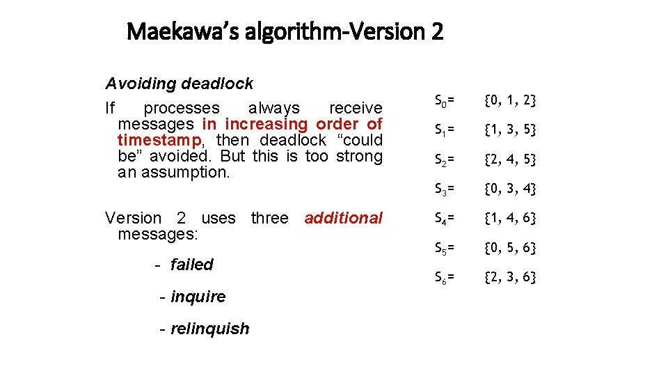 Maekawa’s algorithm-Version 2 Avoiding deadlock If processes always receive messages in increasing order of