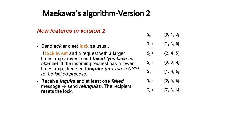 Maekawa’s algorithm-Version 2 New features in version 2 S 0 = {0, 1, 2}