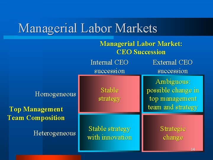 Managerial Labor Markets Homogeneous Top Management Team Composition Heterogeneous Managerial Labor Market: CEO Succession