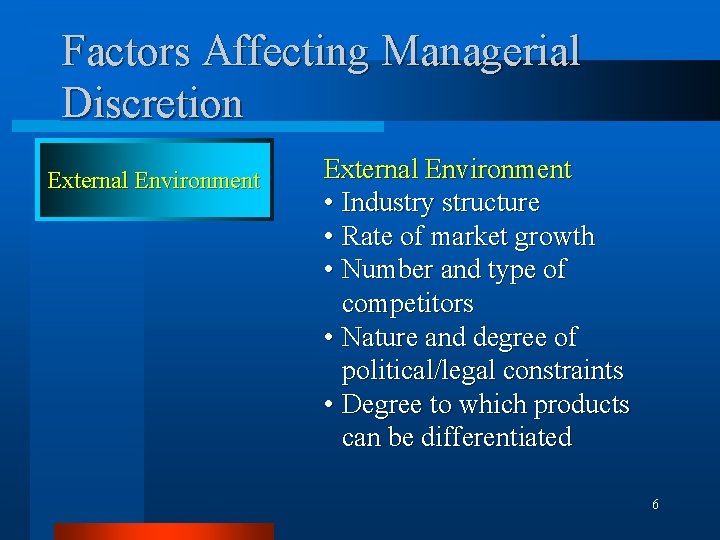 Factors Affecting Managerial Discretion External Environment • Industry structure • Rate of market growth