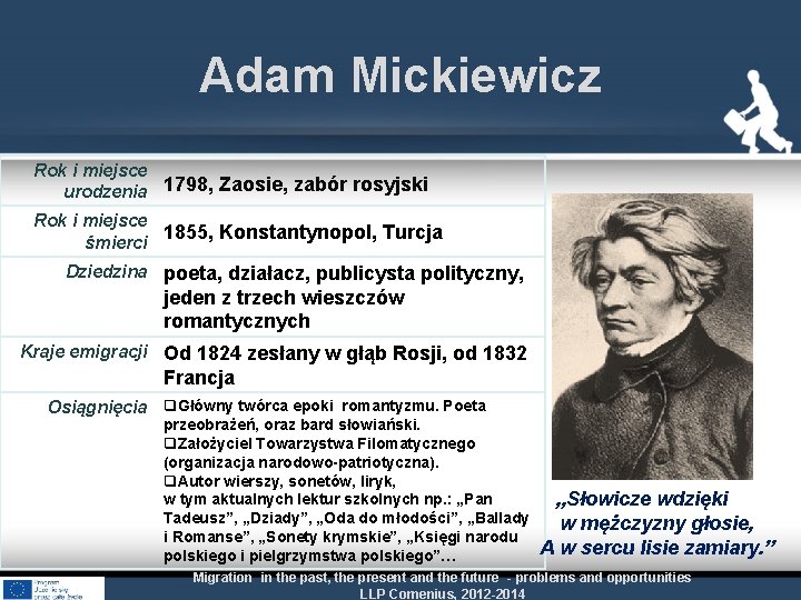 Adam Mickiewicz Rok i miejsce urodzenia 1798, Zaosie, zabór rosyjski Rok i miejsce 1855,