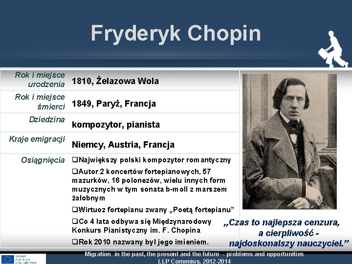 Fryderyk Chopin Rok i miejsce urodzenia 1810, Żelazowa Wola Rok i miejsce śmierci 1849,