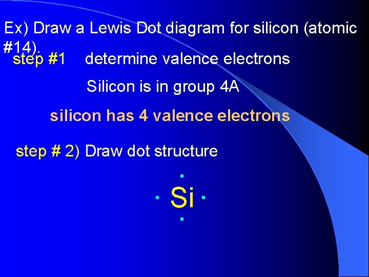 Ex) Draw a Lewis Dot diagram for silicon (atomic #14). step #1 determine valence Ex) Draw a Lewis Dot diagram for silicon (atomic #14). step #1 determine valence