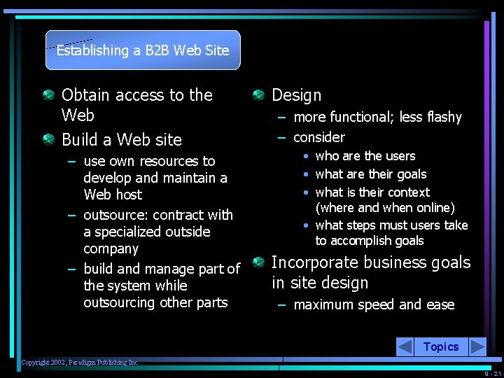 Establishing a B 2 B Web Site Obtain access to the Web Build a