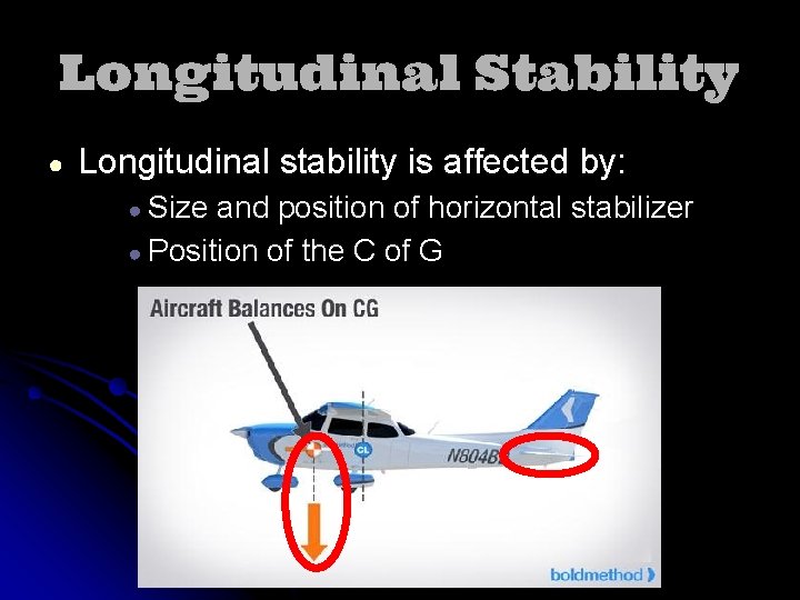 Longitudinal Stability ● Longitudinal stability is affected by: ● Size and position of horizontal