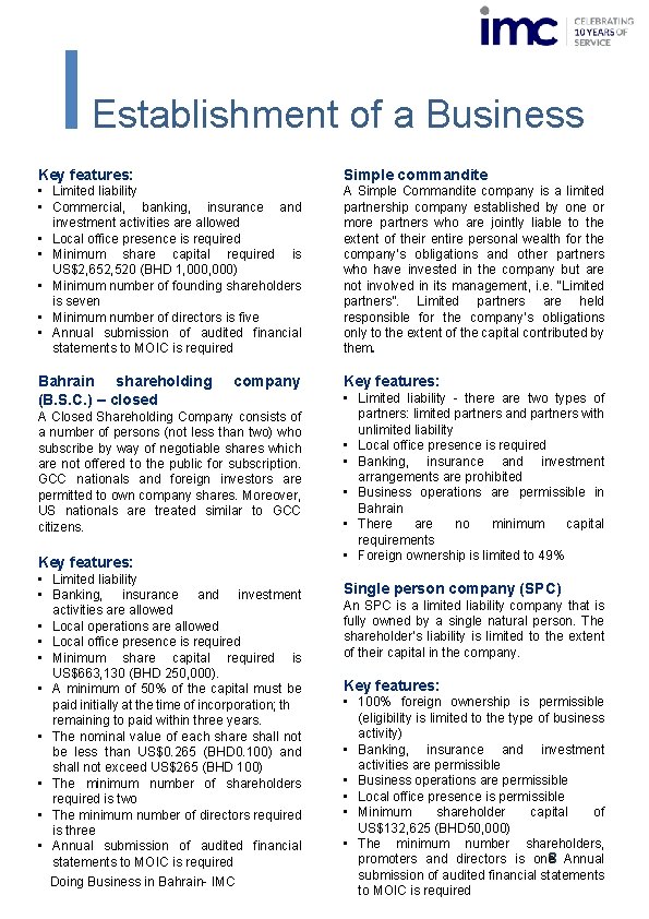 Establishment of a Business Key features: Simple commandite • Limited liability • Commercial, banking,