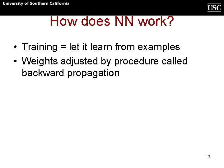How does NN work? • Training = let it learn from examples • Weights How does NN work? • Training = let it learn from examples • Weights