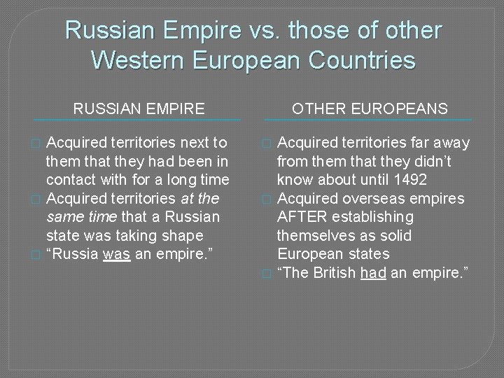 Russian Empire vs. those of other Western European Countries RUSSIAN EMPIRE � � �