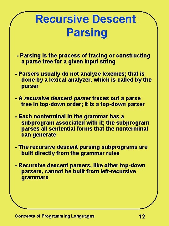 Recursive Descent Parsing - Parsing is the process of tracing or constructing a parse Recursive Descent Parsing - Parsing is the process of tracing or constructing a parse