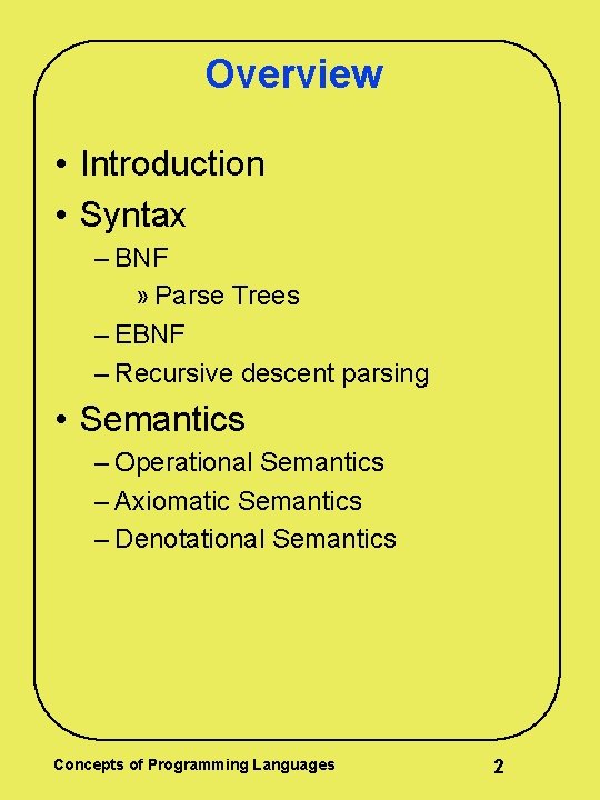 Overview • Introduction • Syntax – BNF » Parse Trees – EBNF – Recursive Overview • Introduction • Syntax – BNF » Parse Trees – EBNF – Recursive