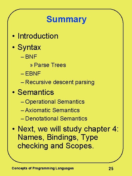Summary • Introduction • Syntax – BNF » Parse Trees – EBNF – Recursive Summary • Introduction • Syntax – BNF » Parse Trees – EBNF – Recursive