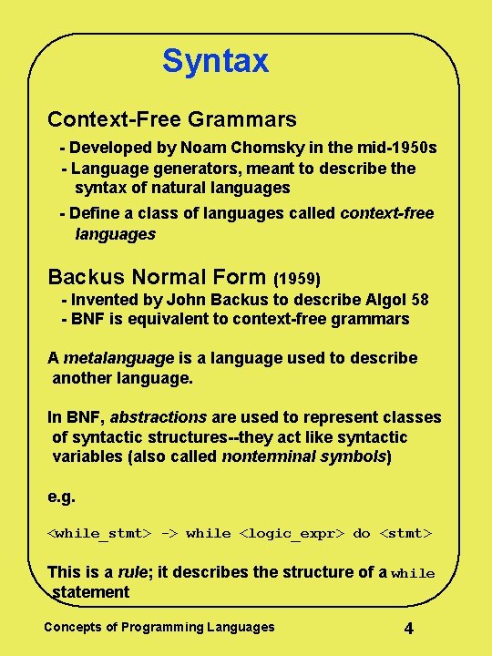 Syntax Context-Free Grammars - Developed by Noam Chomsky in the mid-1950 s - Language Syntax Context-Free Grammars - Developed by Noam Chomsky in the mid-1950 s - Language