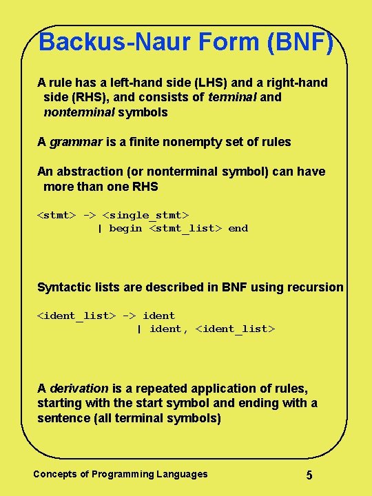 Backus-Naur Form (BNF) A rule has a left-hand side (LHS) and a right-hand side Backus-Naur Form (BNF) A rule has a left-hand side (LHS) and a right-hand side