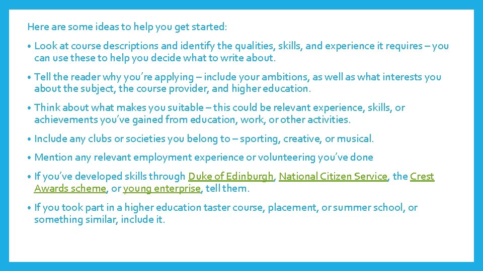 Here are some ideas to help you get started: • Look at course descriptions