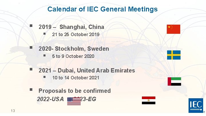 Calendar of IEC General Meetings § § 13 2019 – Shanghai, China § 21
