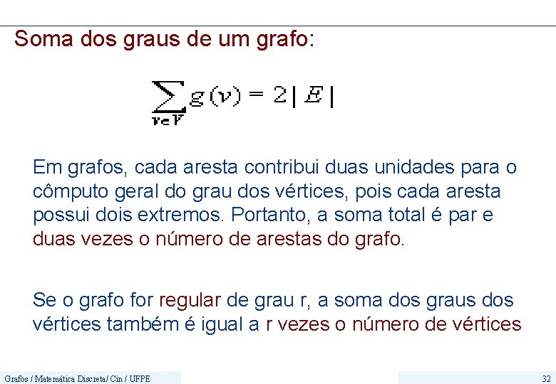 Soma dos graus de um grafo: Em grafos, cada aresta contribui duas unidades para