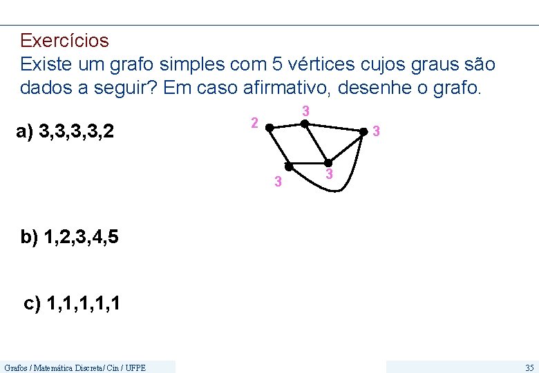 Exercícios Existe um grafo simples com 5 vértices cujos graus são dados a seguir?