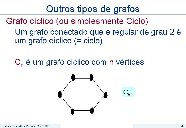Outros tipos de grafos Grafo cíclico (ou simplesmente Ciclo) Um grafo conectado que é