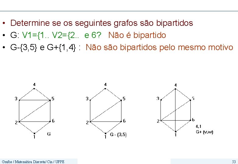  • Determine se os seguintes grafos são bipartidos • G: V 1={1. .