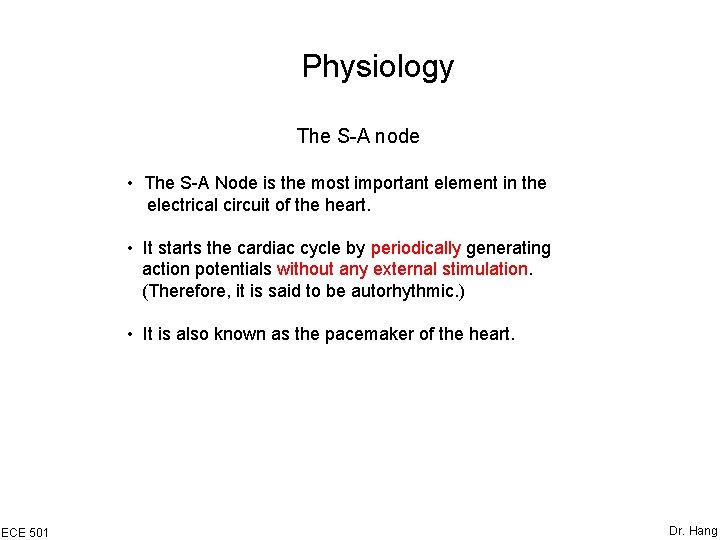 Physiology The S-A node • The S-A Node is the most important element in