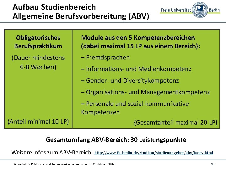 Aufbau Studienbereich Allgemeine Berufsvorbereitung (ABV) Obligatorisches Berufspraktikum (Dauer mindestens 6 -8 Wochen) Module aus