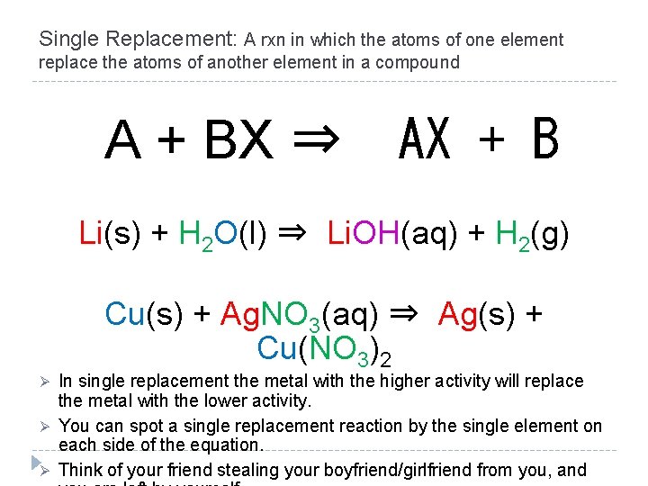 Single Replacement: A rxn in which the atoms of one element replace the atoms