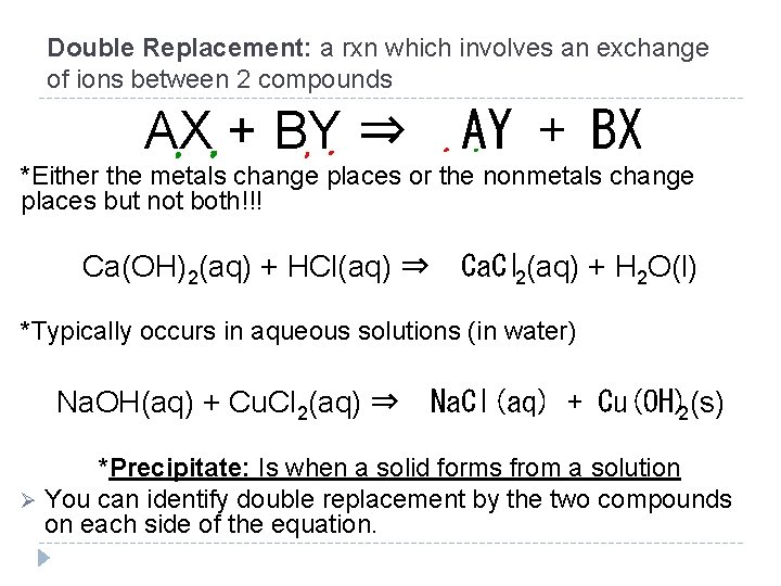 Double Replacement: a rxn which involves an exchange of ions between 2 compounds AX
