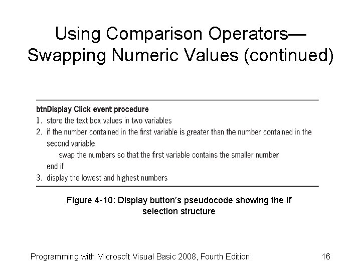 Using Comparison Operators— Swapping Numeric Values (continued) Figure 4 -10: Display button’s pseudocode showing