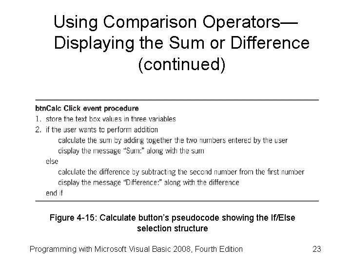 Using Comparison Operators— Displaying the Sum or Difference (continued) Figure 4 -15: Calculate button’s