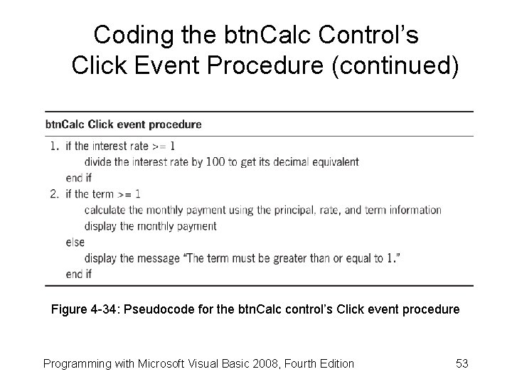 Coding the btn. Calc Control’s Click Event Procedure (continued) Figure 4 -34: Pseudocode for
