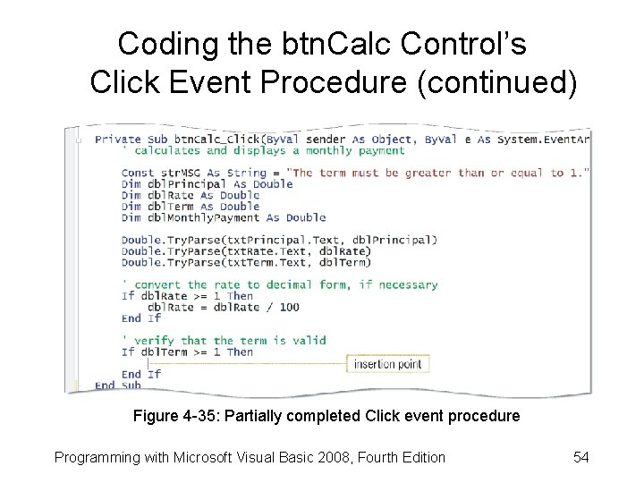 Coding the btn. Calc Control’s Click Event Procedure (continued) Figure 4 -35: Partially completed