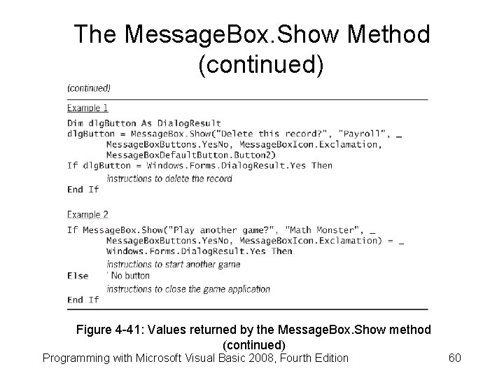 The Message. Box. Show Method (continued) Figure 4 -41: Values returned by the Message.