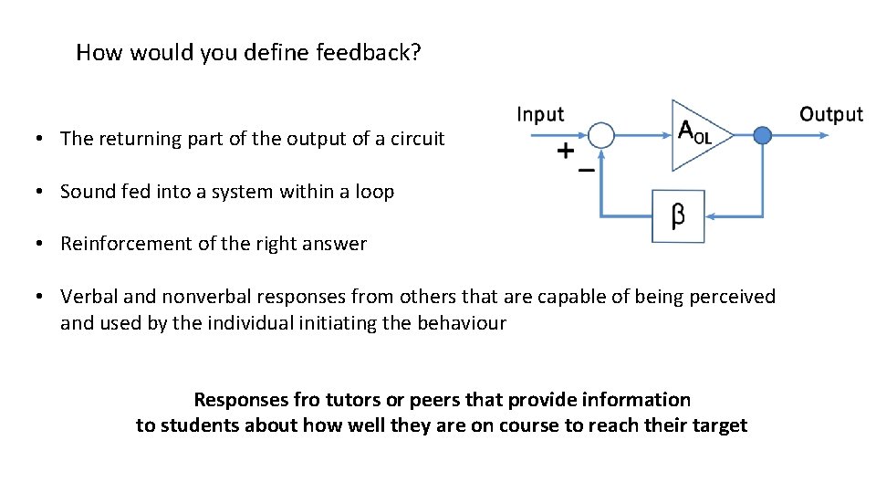 How would you define feedback? • The returning part of the output of a
