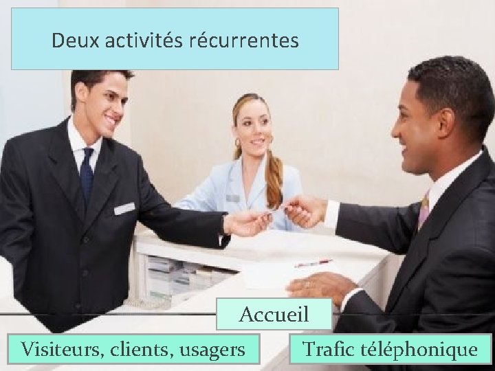 Deux activités récurrentes Accueil Visiteurs, clients, usagers Trafic téléphonique 