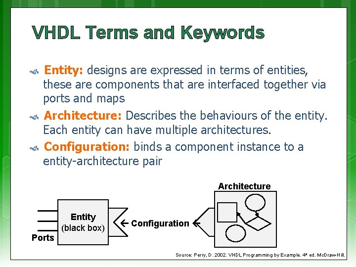 VHDL Terms and Keywords Entity: designs are expressed in terms of entities, these are VHDL Terms and Keywords Entity: designs are expressed in terms of entities, these are