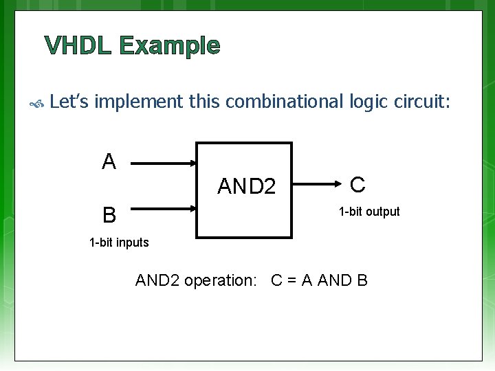 VHDL Example Let’s implement this combinational logic circuit: A AND 2 B C 1 VHDL Example Let’s implement this combinational logic circuit: A AND 2 B C 1
