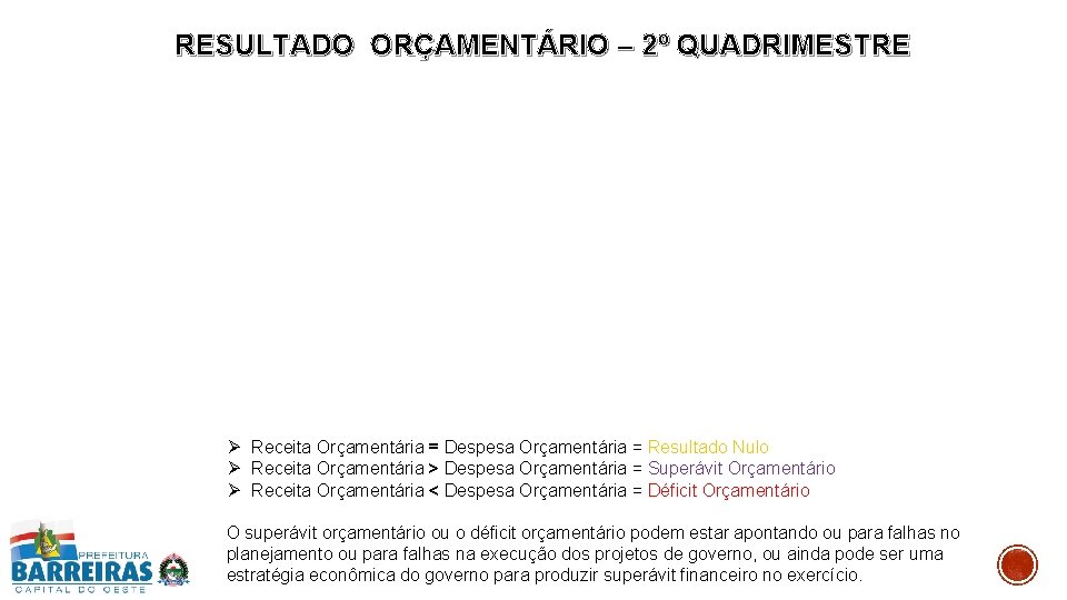 RESULTADO ORÇAMENTÁRIO – 2º QUADRIMESTRE Ø Receita Orçamentária = Despesa Orçamentária = Resultado Nulo