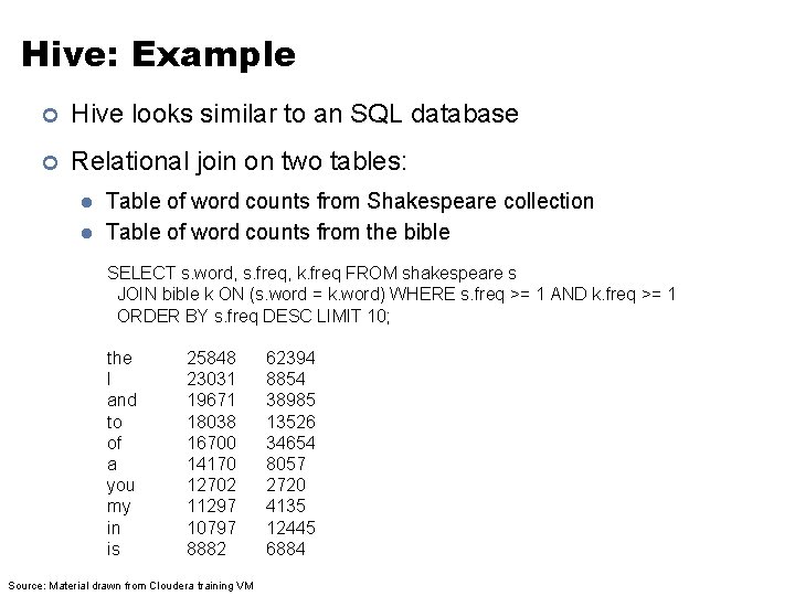 Hive: Example ¢ Hive looks similar to an SQL database ¢ Relational join on