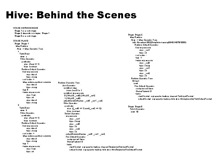 Hive: Behind the Scenes STAGE DEPENDENCIES: Stage-1 is a root stage Stage-2 depends on