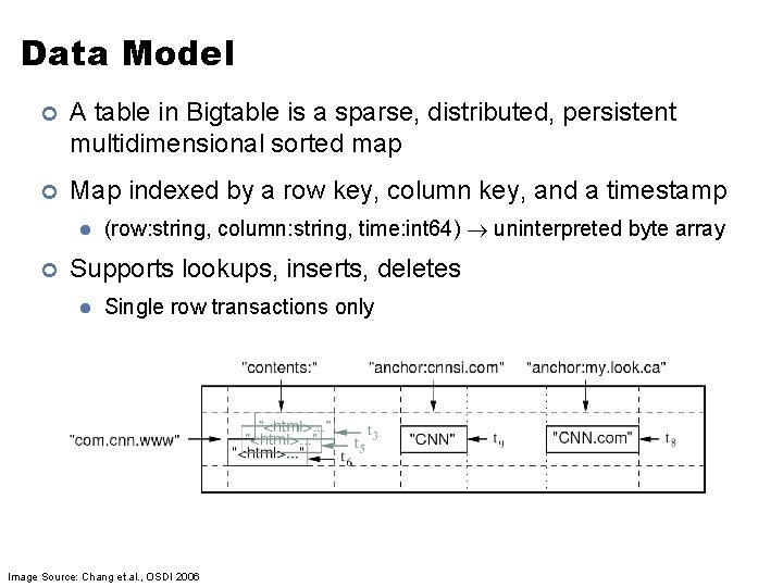Data Model ¢ A table in Bigtable is a sparse, distributed, persistent multidimensional sorted
