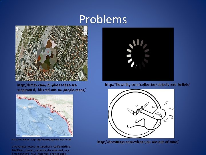 Problems http: //list 25. com/25 -places-that-aresuspiciously-blurred-out-on-google-maps/ http: //www. sccwrp. org/Homepage/News/14 -08 27/Changes_losses_to_Southern_California%E 2 %80%99