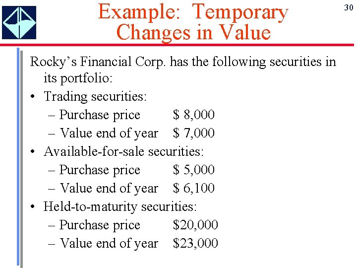 Example: Temporary Changes in Value Rocky’s Financial Corp. has the following securities in its