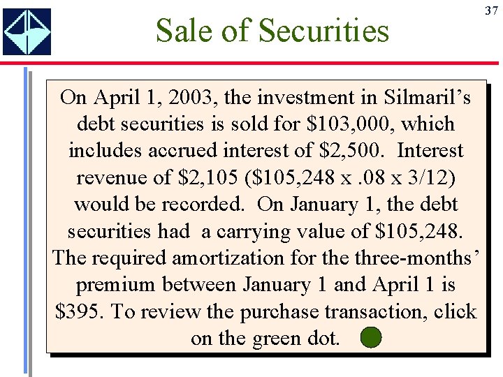 Sale of Securities On April 1, 2003, the investment in Silmaril’s debt securities is