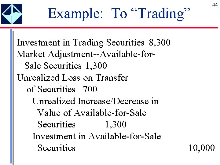 Example: To “Trading” Investment in Trading Securities 8, 300 Market Adjustment--Available-for. Sale Securities 1,