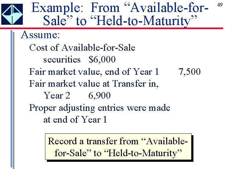 Example: From “Available-for. Sale” to “Held-to-Maturity” Assume: Cost of Available-for-Sale securities $6, 000 Fair