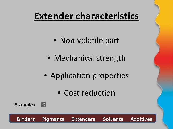 Extender characteristics • Non-volatile part • Mechanical strength • Application properties • Cost reduction