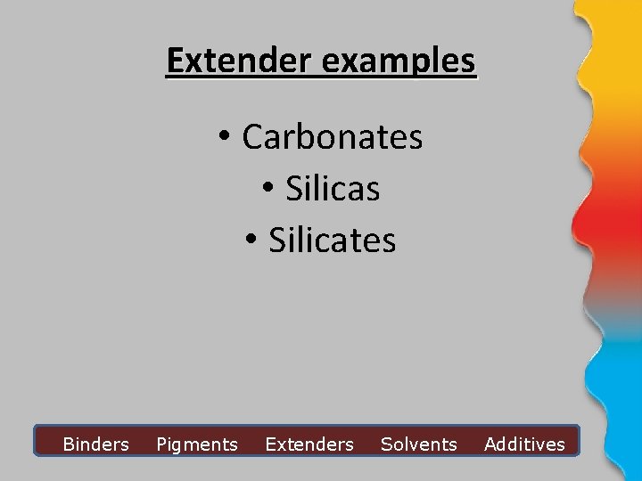 Extender examples • Carbonates • Silicates Binders Pigments Extenders Solvents Additives 
